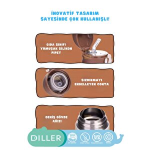Vagonlife Diller 480ml Yeni Koleksiyon Sevimli Hayvanlar Desenli Pipetli Kilitlenebilir Kapak Paslanmaz Çelik Termos Diller Bear