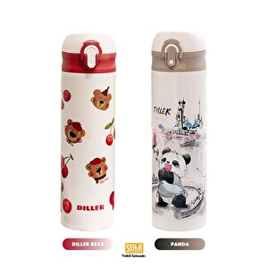Vagonlife Diller 480ml Yeni Koleksiyon Sevimli Hayvanlar Desenli Pipetli Kilitlenebilir Kapak Paslanmaz Çelik Termos Diller Bear