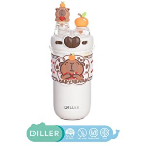 Diller 520ml Yeni Koleksiyon Sevimli Hayvanlar Süslü Pipetli/pipetsiz Boyun Askılı Paslanmaz Çelik Termos Capybara