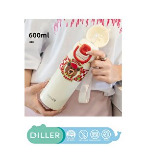 Diller 600ml Yeni Koleksiyon Sevimli Hayvanlar Desenli Pipetli/pipetsiz El Askılı Paslanmaz Çelik Termos Diller Bear