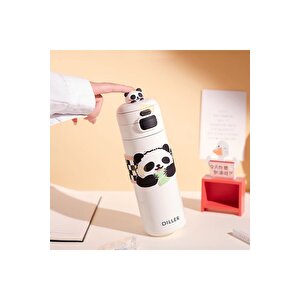 Diller 480ml Yeni Koleksiyon Sevimli Hayvanlar Süslü Pipetli/pipetsiz El Askılı Paslanmaz Çelik Termos Panda
