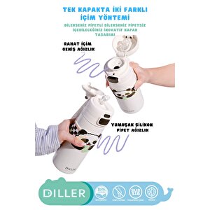 Diller 480ml Yeni Koleksiyon Sevimli Hayvanlar Süslü Pipetli/pipetsiz El Askılı Paslanmaz Çelik Termos Panda