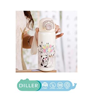 Diller 600ml Yeni Koleksiyon Sevimli Hayvanlar Desenli Pipetli/pipetsiz El Askılı Paslanmaz Çelik Termos Panda