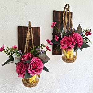 Fuşya Gül Çiçekli, Led Işıklı, Ceviz Aplik, 2’li Set