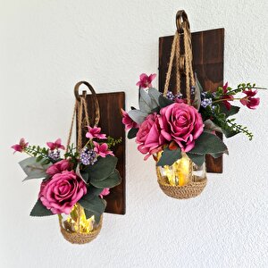 Fuşya Gül Çiçekli, Led Işıklı, Ceviz Aplik, 2’li Set