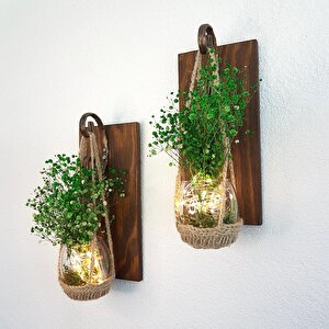 Yeşil Cipso Çiçekli, Led Işıklı Ceviz Dekor İkili Set