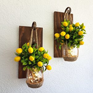 Duvar Dekoru, Led Işıklı Limon Çiçekli Aplik, Ceviz İkili Set