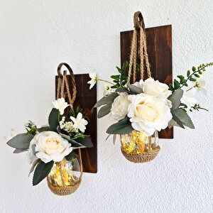 Beyaz Gül Çiçekli, Led Işıklı, Ceviz Aplik 2’li Set