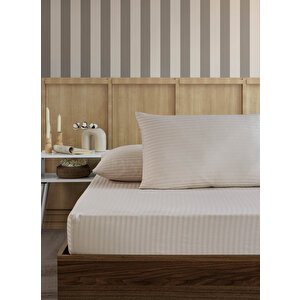 Pamuklu Çizgili Saten Çift Kişilik Lastikli Çarşaf Seti 160x200 Cm 2 Adet Yastık Kılıfı 50x70 Cm