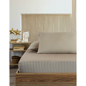 Pamuklu Çizgili Saten Çift Kişilik Lastikli Çarşaf Seti 160x200 Cm 2 Adet Yastık Kılıfı 50x70 Cm