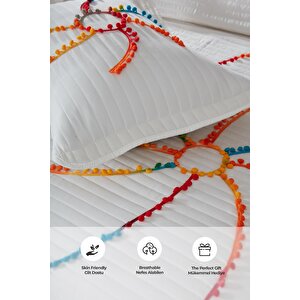Rise Renkli Ponponlu %100 Pamuk Tek Kişilik Yatak Örtüsü Elyaf Dolgulu ( Pike ) Takımı Krem