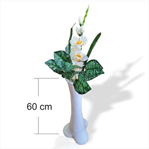 Uzun Geniş Kalın Yeşil Yapraklı Beyaz Orkide 60 Cm Akrilik Helisel Konik Dengeli Devrilmez Vazo