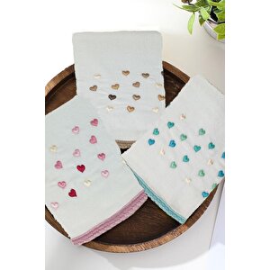 3 Lü Renkli Kalpli Su Taşı Kenar İşlemeli Havlu Seti 50x90 Cm