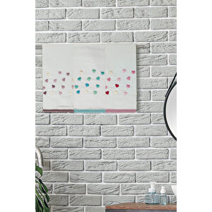 3 Lü Renkli Kalpli Su Taşı Kenar İşlemeli Havlu Seti 50x90 Cm