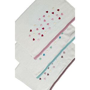 3 Lü Renkli Kalpli Su Taşı Kenar İşlemeli Havlu Seti 50x90 Cm