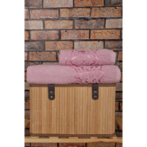 2 Parça Banyo Havlu Takımı %100 Pamuklu Şah Desen Pembe Pembe
