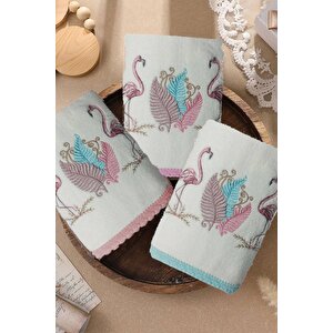 3 Lü Renkli Kuğu Nakışlı Su Taşı Kenar İşlemeli Havlu Seti 50x90 Cm