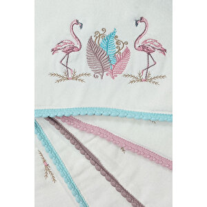 3 Lü Renkli Kuğu Nakışlı Su Taşı Kenar İşlemeli Havlu Seti 50x90 Cm