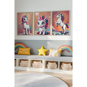 Bebek Ve Çocuk Odası Unicorn Tema Ahşap Çerçeveli 3'lü Tablo Seti