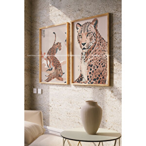 Leopar Sanatı 2 Parçalı Ahşap Çerçveli Tablo Seti
