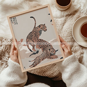 Leopar Sanatı 2 Parçalı Ahşap Çerçveli Tablo Seti