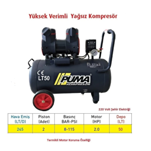 50 Li̇tre Yüksek Veri̇mli̇ Hava Kompresörü (yağsiz)