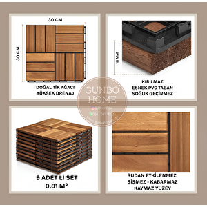 Tik Ağacı Yer Karosu 9 Adet 1 Koli Bahçe Banyo Deck Ahşap Karo Masif Yer Döşemesi Balkon Deck