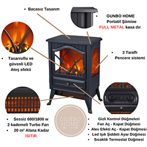 3 Pencereli 1800 W Led Elektrikli Şömine Isıtıcı Şömine Dekoratif Soba Full Metal Kasa
