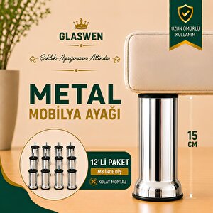 12 Adet Metal Destek Ayağı 15 Cm Krom Mobilya Kanepe Baza Koltuk Ünite Ayakları Metrik 8 Civatalı İnce Diş
