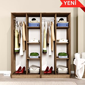 Kardelen Serisi Atlantik Çam 4 Kapaklı 8 Raflı 2 Askılı Elbise Dolabı 160 Cm - Gardırop Seti