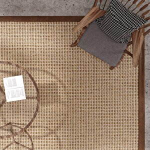 Milano 667 Kahve Bordürlü Hasır Dokulu Halı Kilim Salon Koridor Kesme Dokuma Makine Halısı 160x200 cm