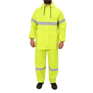 Yüksek Görünümlü Reflektörlü Dikişsiz Fermuarlı Yağmurluk Alt Üst Takım Pvc Su Geçirmez L