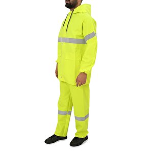 Yüksek Görünümlü Reflektörlü Dikişsiz Fermuarlı Yağmurluk Alt Üst Takım Pvc Su Geçirmez L