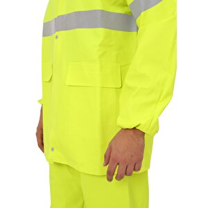Yüksek Görünümlü Reflektörlü Dikişsiz Fermuarlı Yağmurluk Alt Üst Takım Pvc Su Geçirmez L