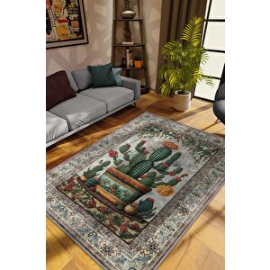Art Deco Kaktüs Vintage Halı Görünümlü Dijital Baskı Renkli Halı,rustik Çiçekli Halı 100x150 cm