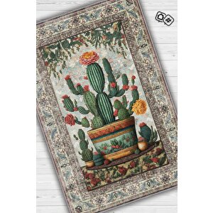 Art Deco Kaktüs Vintage Halı Görünümlü Dijital Baskı Renkli Halı,rustik Çiçekli Halı 100x150 cm