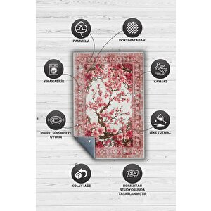 Homshtag Art Deco Bahar Çiçekleri Vintage Halı Görünümlü Dijital Baskı Pembe Halı,rustik Çiçekli Halı