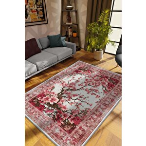 Art Deco Bahar Çiçekleri Vintage Halı Görünümlü Dijital Baskı Pembe Halı,rustik Çiçekli Halı 80x120 cm