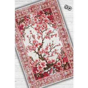 Art Deco Bahar Çiçekleri Vintage Halı Görünümlü Dijital Baskı Pembe Halı,rustik Çiçekli Halı 80x120 cm