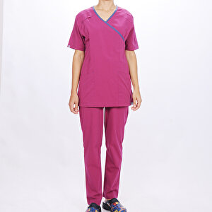 Formteks Kadın Spa  Hemşire Scrubs  Takım Likralı Terry Cotton Fuşya-i̇ndigo Biyeli M