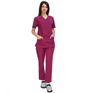 Formteks Kadın Spa  Hemşire Scrubs  Takım Likralı Terry Cotton Fuşya-i̇ndigo Biyeli S