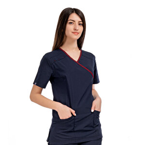 Formteks Kadın Spa  Hemşire Scrubs  Takım  Likralı Terry Cotton Lacivert-bordo Biyeli 2XL