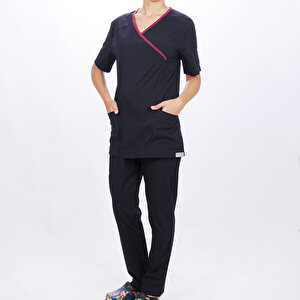 Formteks Kadın Spa  Hemşire Scrubs  Takım  Likralı Terry Cotton Lacivert-bordo Biyeli 2XL