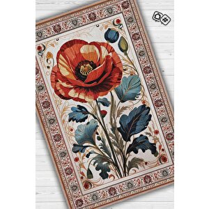 Art Deco Gelincik Vintage Halı Görünümlü Dijital Baskı Renkli Halı Rustik Çiçekli Halı 100x150 cm