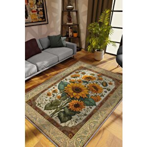 Art Deco Ay Çiçeği Vintage Halı Görünümlü Dijital Baskı Çok Renkli Halı,rustik Çiçekli Halı 200x300 cm