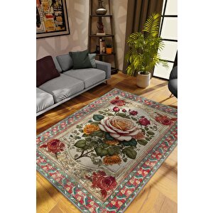 Art Deco Gül Çiçeği Vintage Halı Görünümlü Dijital Baskı Renkli Halı,rustik Çiçekli Halı 200x300 cm