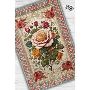 Art Deco Gül Çiçeği Vintage Halı Görünümlü Dijital Baskı Renkli Halı,rustik Çiçekli Halı 100x150 cm