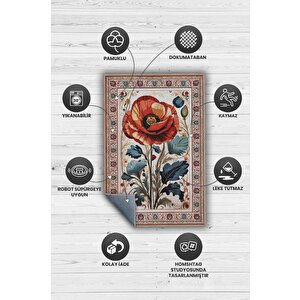 Homshtag Art Deco Gelincik Vintage Halı Görünümlü Dijital Baskı Renkli Halı Rustik Çiçekli Halı