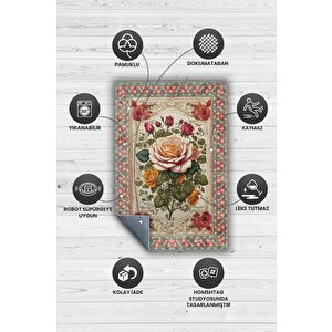 Homshtag Art Deco Gül Çiçeği Vintage Halı Görünümlü Dijital Baskı Renkli Halı,rustik Çiçekli Halı