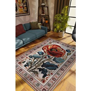 Art Deco Gelincik Vintage Halı Görünümlü Dijital Baskı Renkli Halı Rustik Çiçekli Halı 80x120 cm